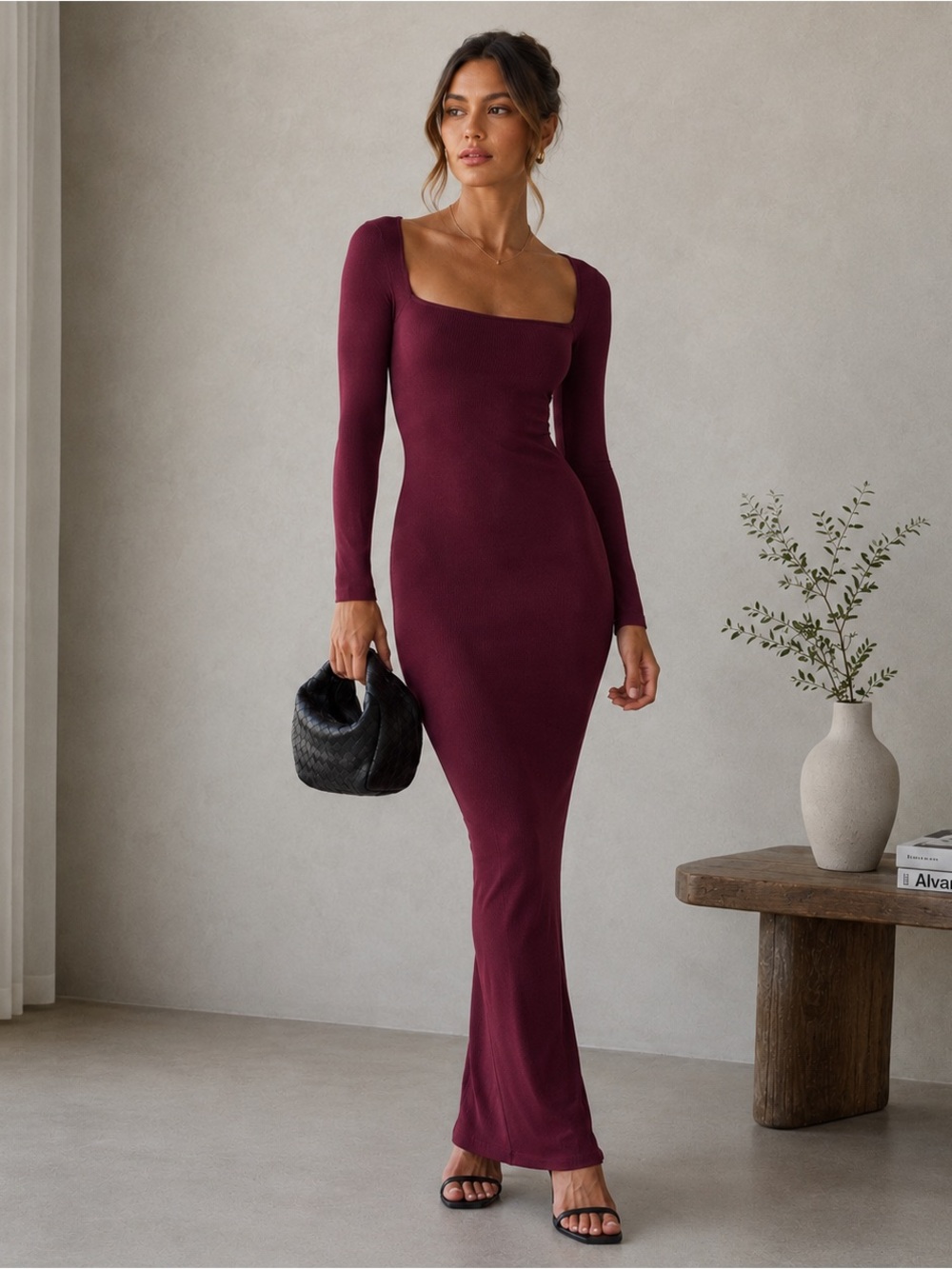 SKIMS Soft Lounge Long Sleeve Maxi Dress Bordeaux Ribbed Modal Square Neck Sz M